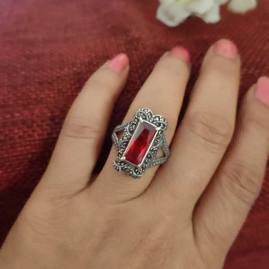 Red Rect. Marcasite Ring